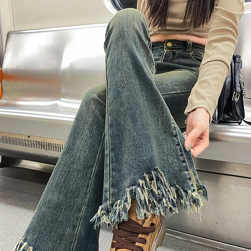 Jean en Denim Micro évasé taille haute pour femmes, coupe Slim, élastique, à franges, en coton, pantalon en Denim élastique, vêtements d'été