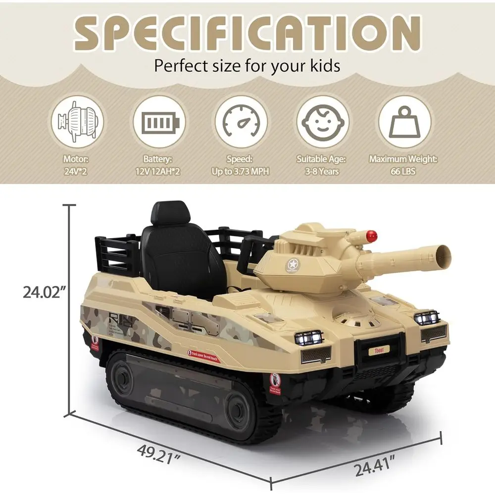 24V電動子供用戦車型乗用玩具、幼児向けリモコン付き、360度回転 ° ミサイルを搭載したオフロード戦闘軍用車両