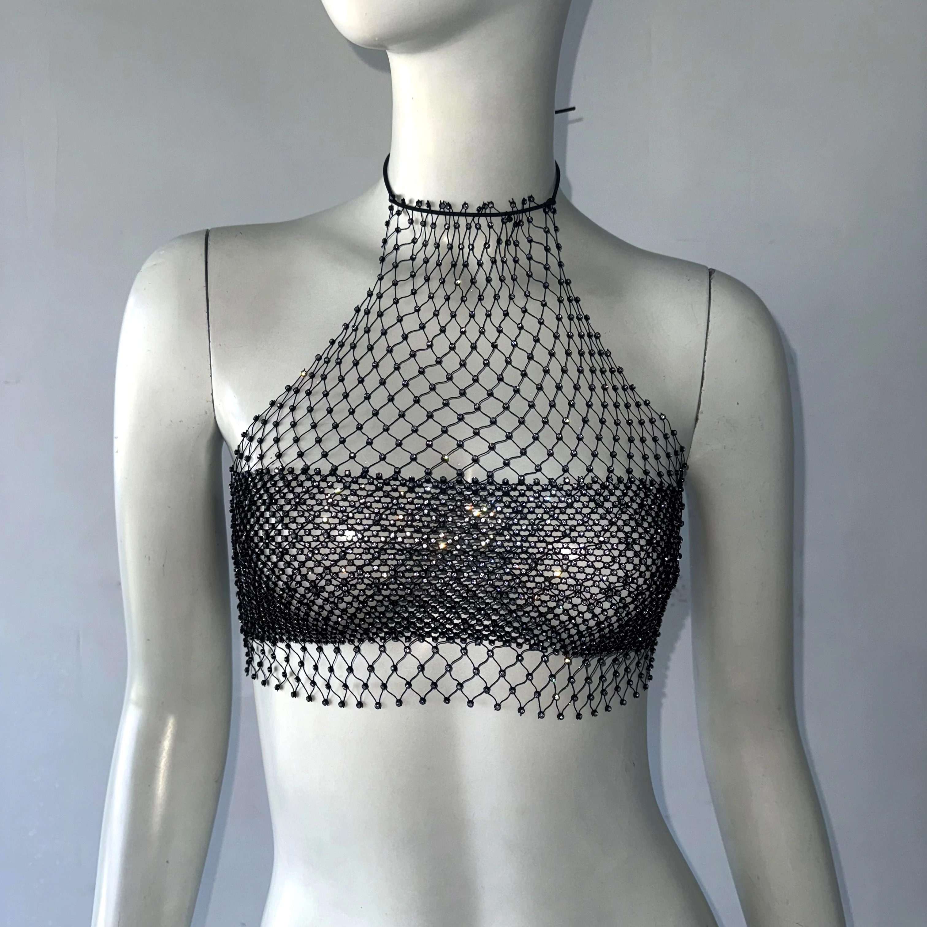 

Sparkly Rhinestone Fishnet Halter Neck Tank Top Sexy Backless Bandage Hollow Out See Through Mesh Camisole Party Club Crop Top