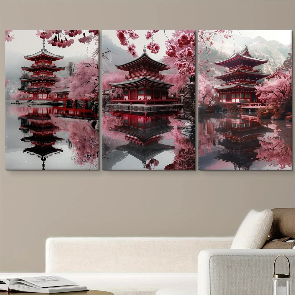 3 Pieces of Japanese Style Antique Red Pagoda Cherry Blossom Decoration Paintings Zen Landscape Canvas Paintings Living Room Ent