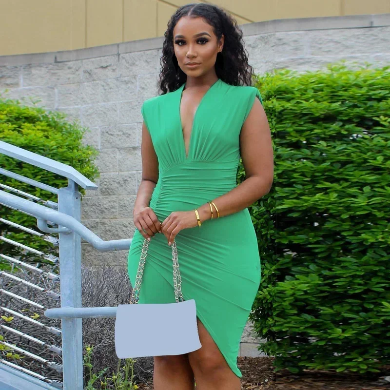 

GUWU Women Sleeveless Deep V-neck Irregular Pleated Bodycon Dress 2024 Summer Female Street Mini Green Pencil Dresses