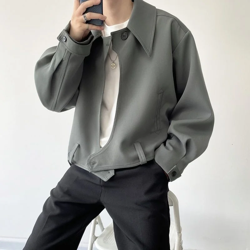 

Korean Spring Fashion Short Lapel Men's Jacket Casual Temperament Loose Workwear Tops Black Grey Loose Coat 2022 New 2Y2335