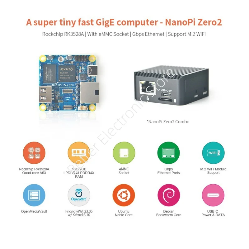 

Плата разработки NanoPi Zero2 - RK3528A с четырьмя ядрами Cortex-A53 и 1GB/2GB ОЗУ (Поддержка eMMC и WiFi)​