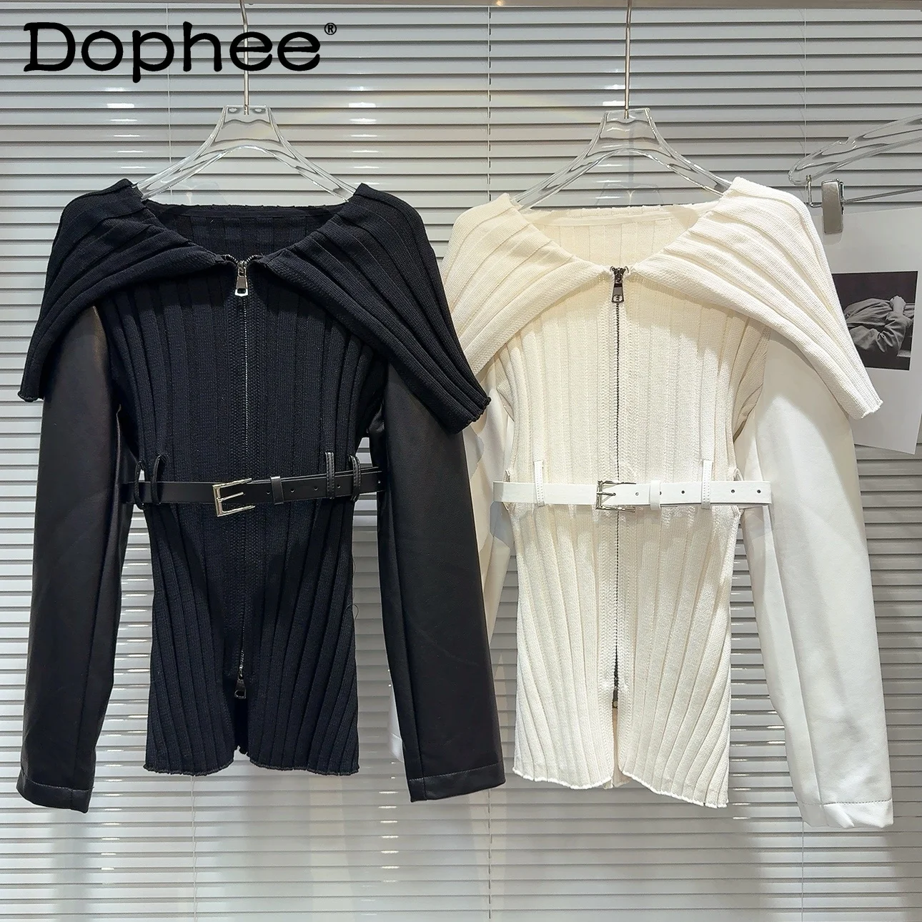 2024 Autumn New Threaded Navy Shawl Lapel High Waist Knitted Tops Leather Sleeve Stitching Black Knitted Sweater Women