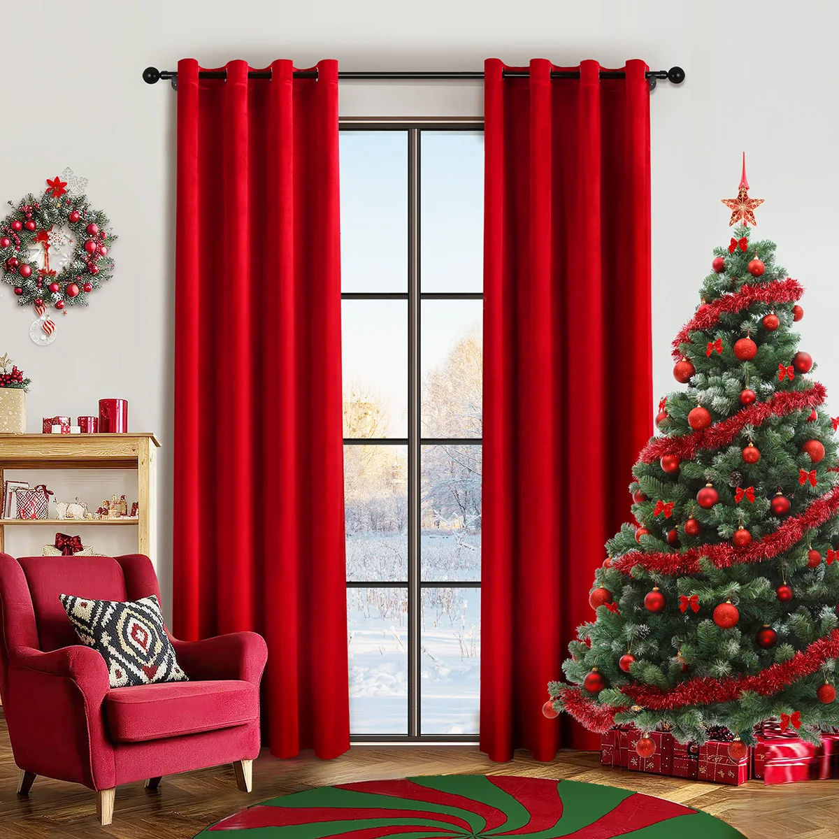 1pc European Luxury Style Pure Color Curtain，Velvet Fabric Red Cloth Curtain for Living Room Christmas Festival Decor，Grommet