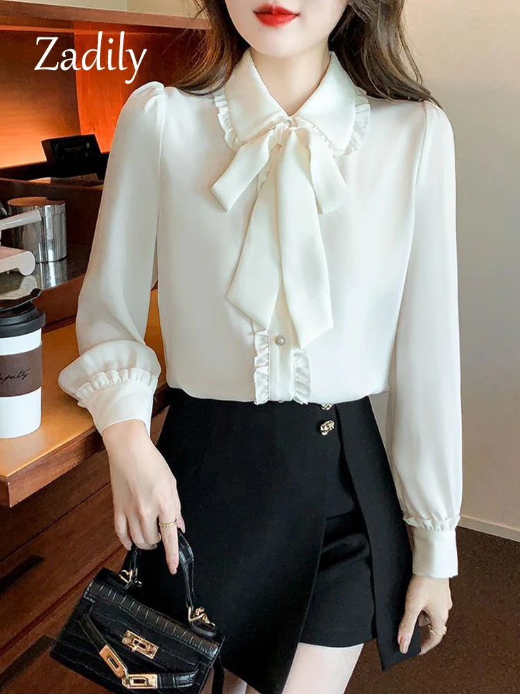 Zadily 2024 Summer Office Lady Long Sleeve Women White Shirt Korea Style Button Up Blouse Bow Tie Chic Clothing Female Tops