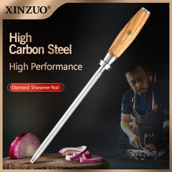 XINZUO Professional Chef Knife Sharpener Rod High Carbon Steel Diamond Sharpening Stick with Olive Wood + Copper Flower Handle