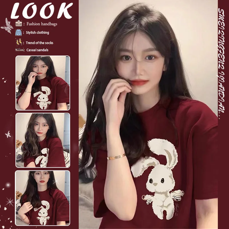 アメリカンレトロウサギプリントワインレッド半袖レディースtシャツルーズオーバーサイズピュアコットン半袖サマートップ