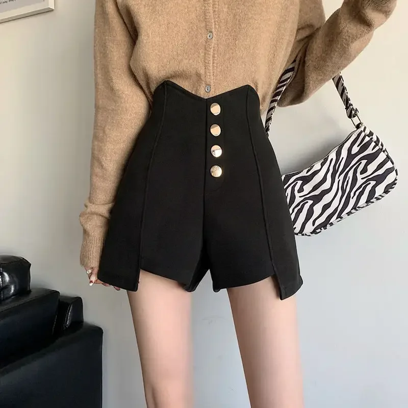 

High Waist Woolen Wide Leg Shorts Women Autumn Winter New Solid Loose Slim Elegant A-line Boot Shorts Femme Outer Wear Q17