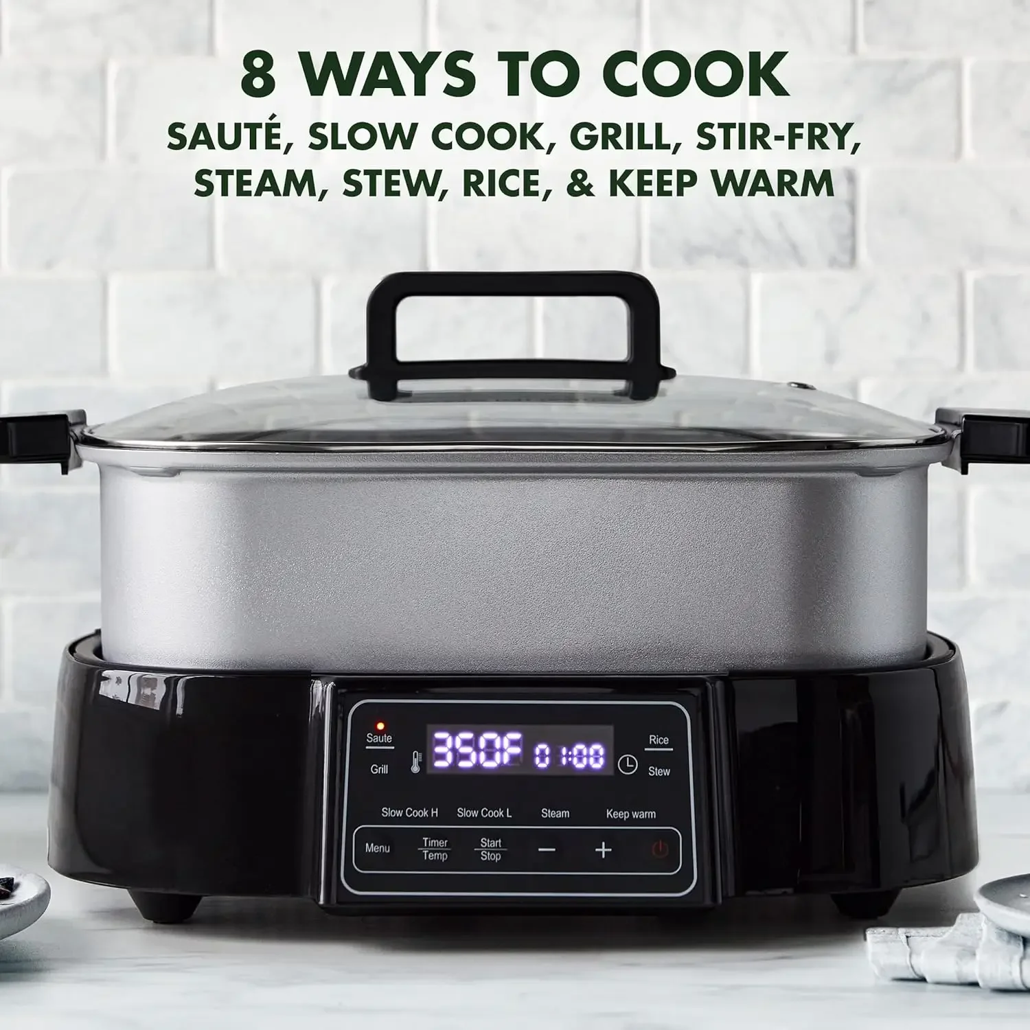 Stainless Steel 8-in-1 Skillet Grill & Slow Cooker, Presets to Saute Steam Stir-Fry and Cook Rice, Healthy Ceramic Nonstick and