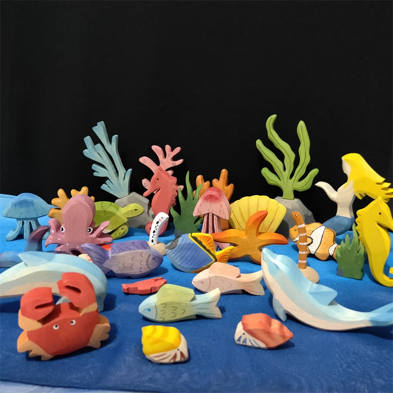 Wooden Ocean Animals Figures Kids Waldorf Educational Toys Handmade Fish Dolphin Shark Static Ornament Scene Construction Block