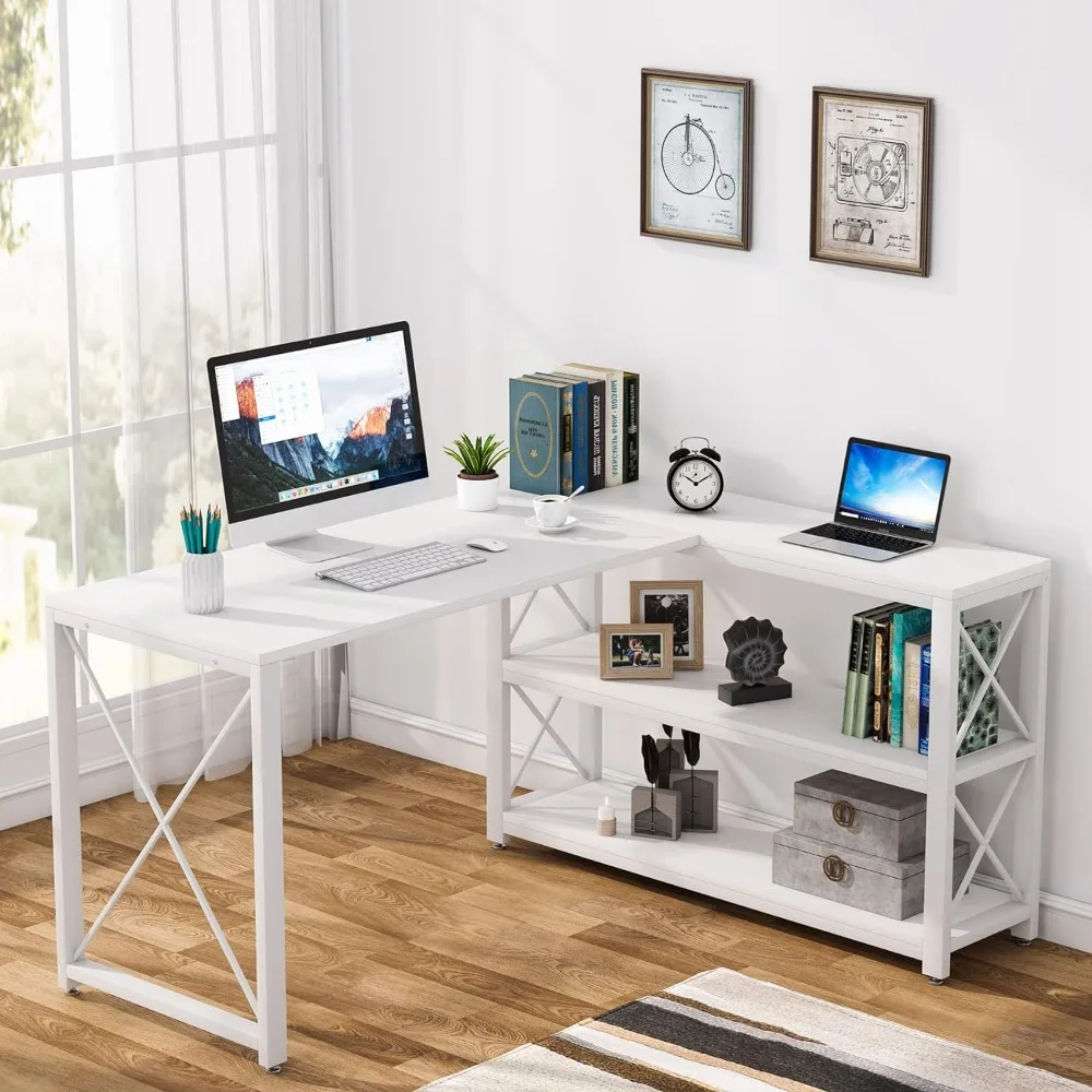 

Reversible Industrial L-Shaped Computer Desk with Storage Shelf, for Home Office (White, 53 Inches)