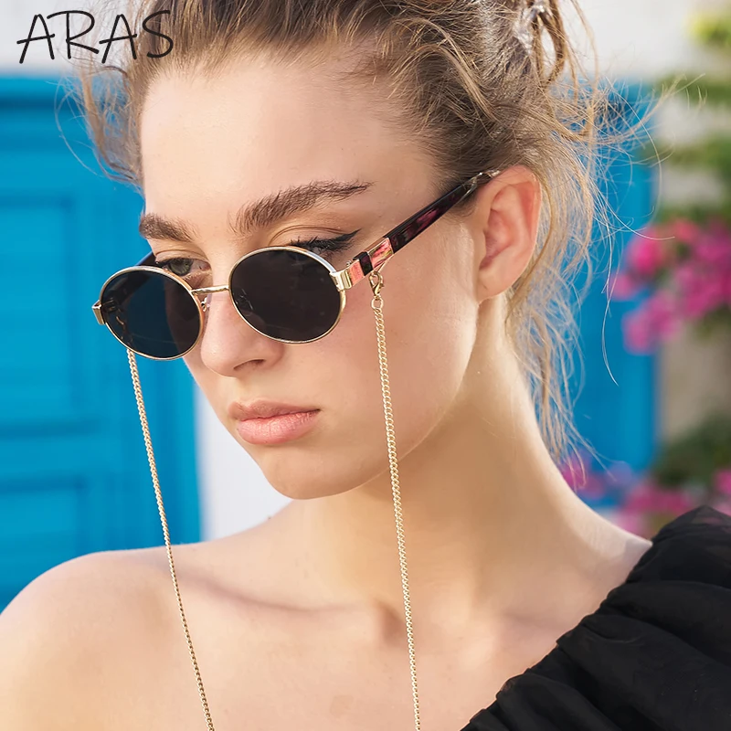 Gafas de sol redondas Retro de moda para mujer con 2023 de cadena, marca de diseñador, gafas de sol ovaladas para mujer, gafas Vintage Punk