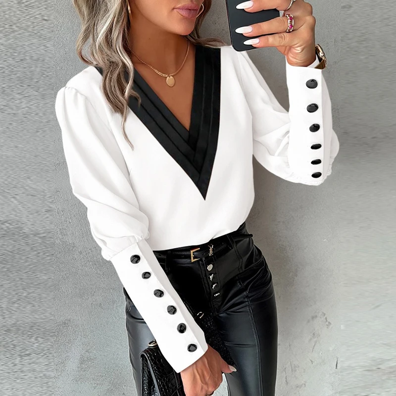 

Elegant Chic Buttons Long Sleeve Commute Blouse Women Simple Basic Tops Blusa Spring New Contrast Color V-Neck Office Lady Shirt