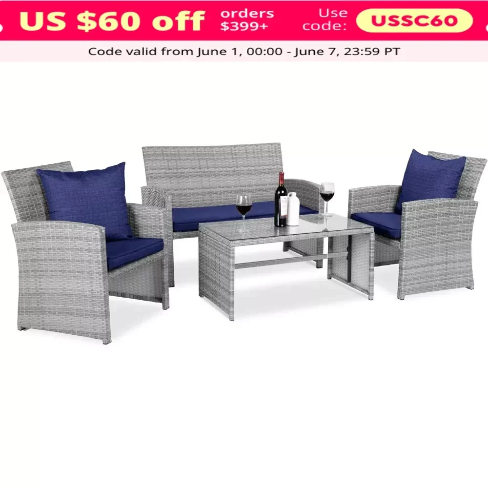 XMSJ-Outdoor Wicker Jardim Móveis Conjunto com Mesa de Café, Almofadas, Mobília do pátio, 4 pcs