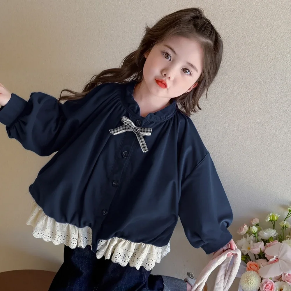 Casaco para Meninas 2025 Primavera e Outono Nova Roupas Infantis Moda para Meninas Casaco Trench com Laço Casual Simples e Diário