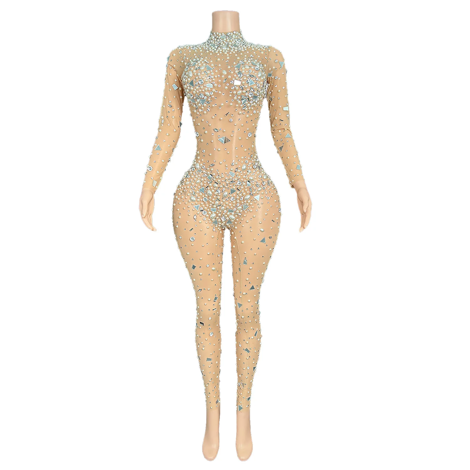 Sexy Rhinestone Bodysuits Sequins Pearls Rompers Stage Performance Outfits Women Pole Dance Outfits Female Jumpsuit Didi