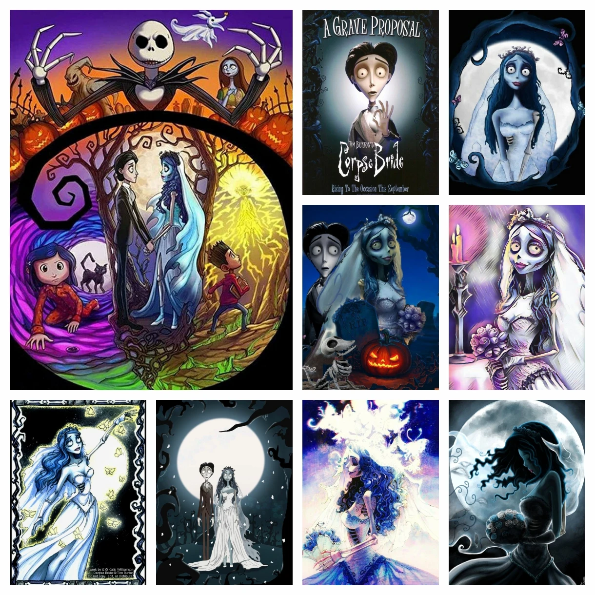 Kits de pintura artística de diamante DIY, película de terror, cadáver, novia, Tim Burton, Emily, Johnny, bordado, mosaico, punto de cruz, regalo de decoración del hogar