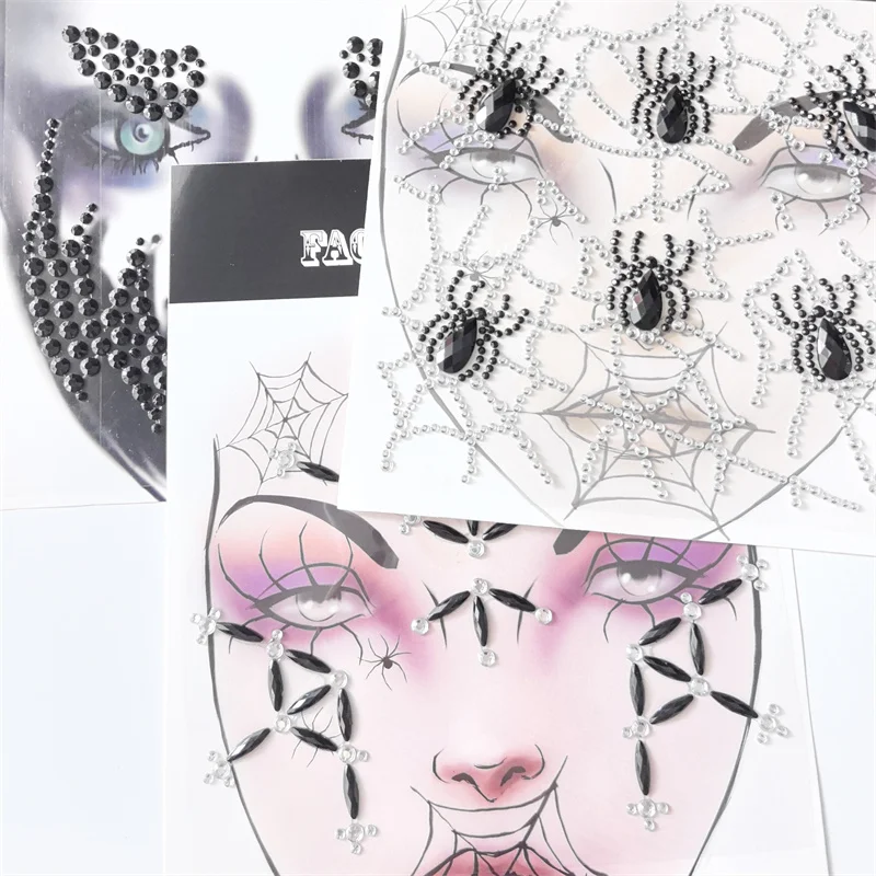 Black Spider & Spider web Demon Stereo Gem Stickers trucco occhi viso gioielli adesivi Party Stage Cosplay Halloween tatuaggi finti