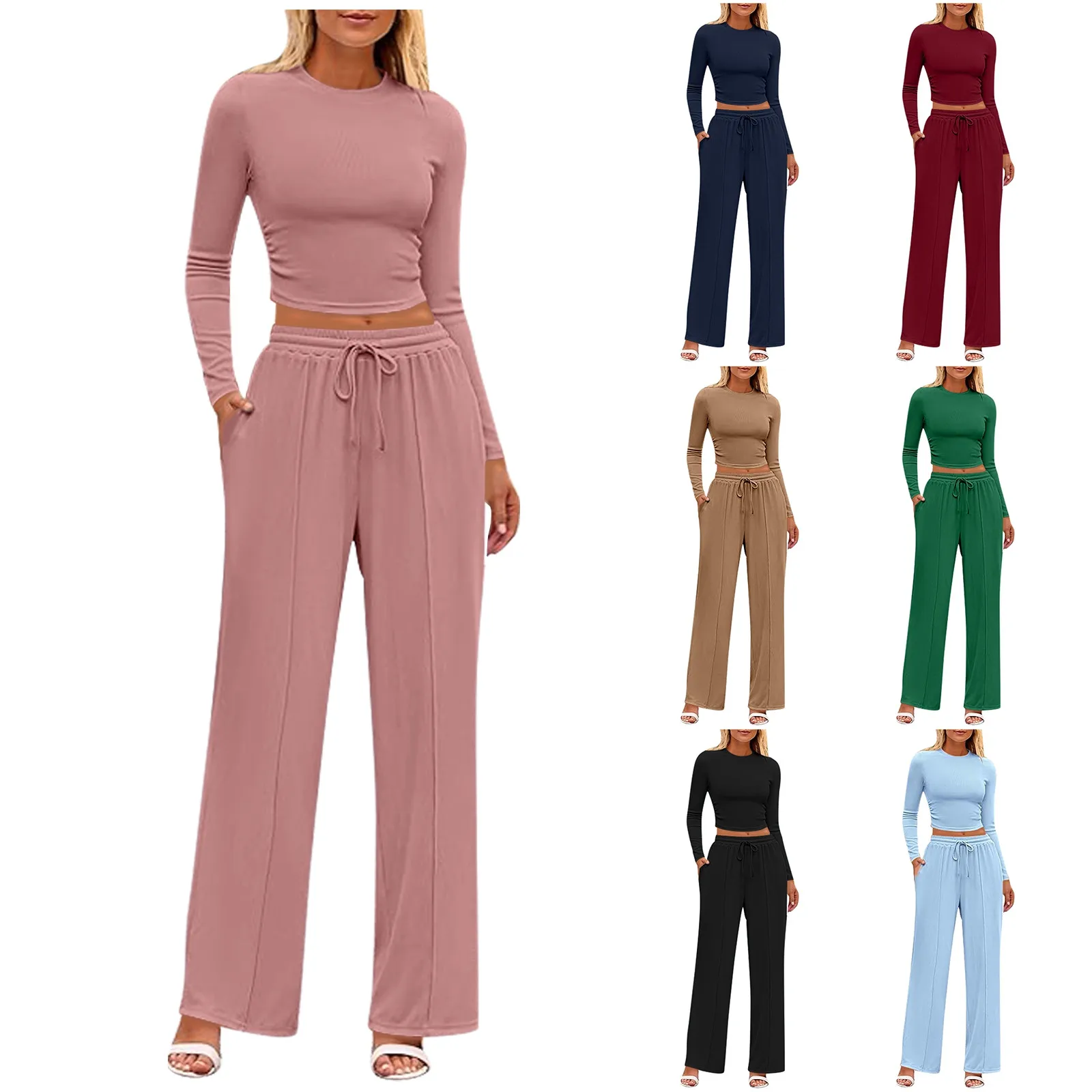 New Autumn Casual Women Suit Slim Fit Long Sleeved Top Wide Leg Trousers Set With Drawstring Waist Homewear Commuter Outfit