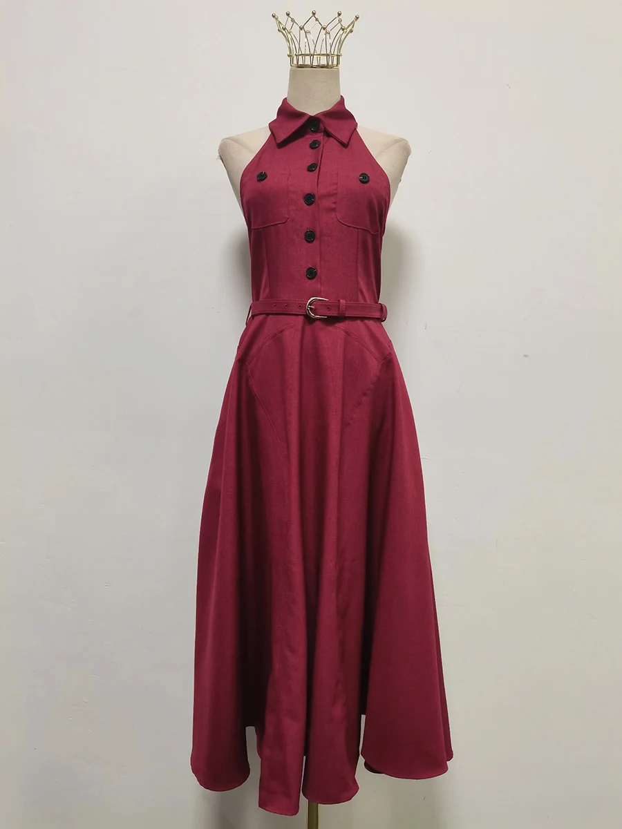 TWOTWINSTYLE Solid Spliced Belt Temperament Dresses for Women Lapel Sleeveless High Waist Patchwork Buttons Basics Dress Female