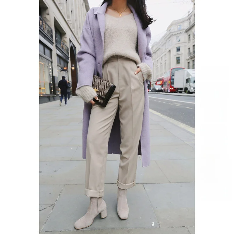 

Elwing Original High Waist Loose Fit Woolen Casual Straight Leg Pants Women's Winter Trousers Elegant Chic Ladies Fashion