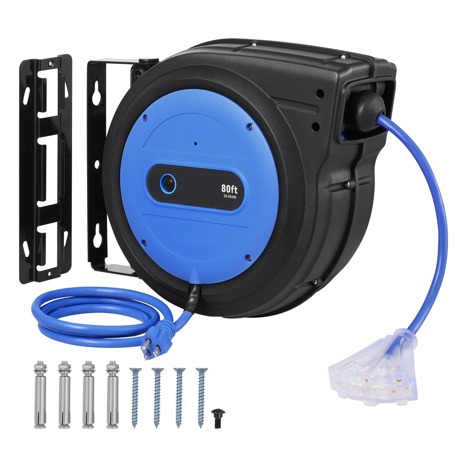 Retractable Extension Cord Reel, 80 FT, Heavy-Duty 12AWG/3C SJTOW Retractable Power Cord with Lighted Triple Tap Outlet, 15 Amp Circuit Breaker 180 °   Swivel Bracket for Ceiling or Wall Mount