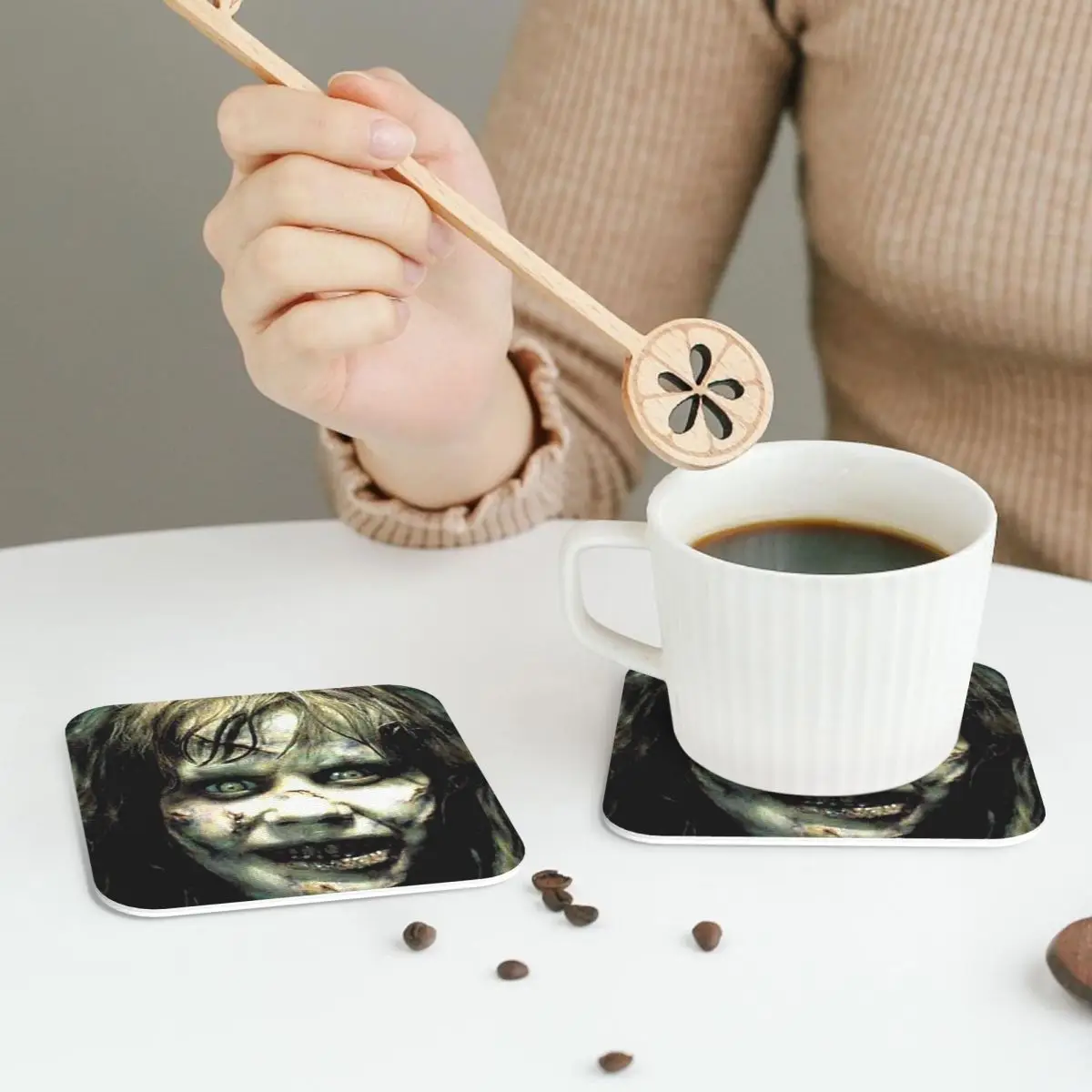 The Exorcist Horror Movie Coasters PVC Leather Placemats Insulation Coffee Mats for Home Kitchen Dining Pads Set of 6