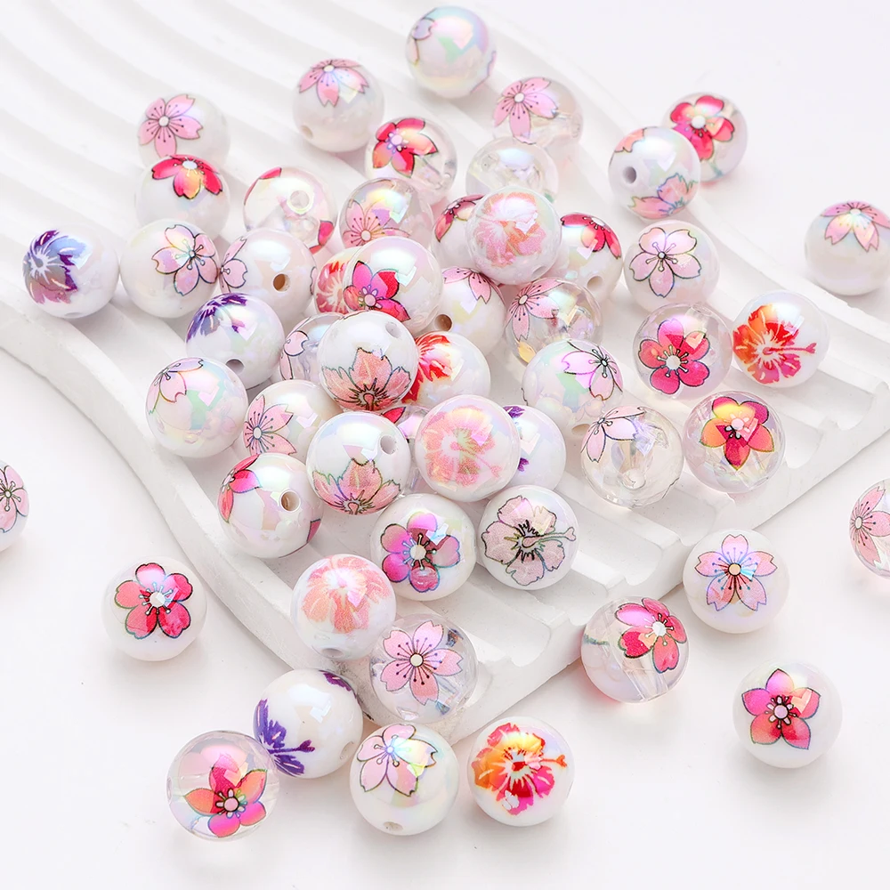 

10Pcs 16mm Mixing Acrylic Round Beads Floral Print Focus Teething Bead For Baby Dummy Holder Teething Chew Pacifier Chain Clip