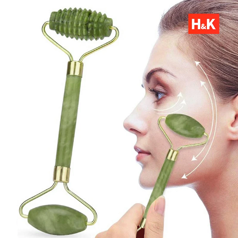 Facial Jade Massage Roller Set Guasha Board Double Heads Jade Roller for Face Natural Stone Massage Slimming Board Beauty Neck