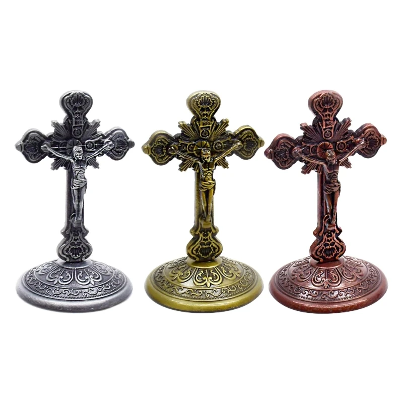 Beautiful Metal Table Crucifix CrossStatue with Base Perfect for Offices Home Decorations, Fine Craftsmanships Dropship