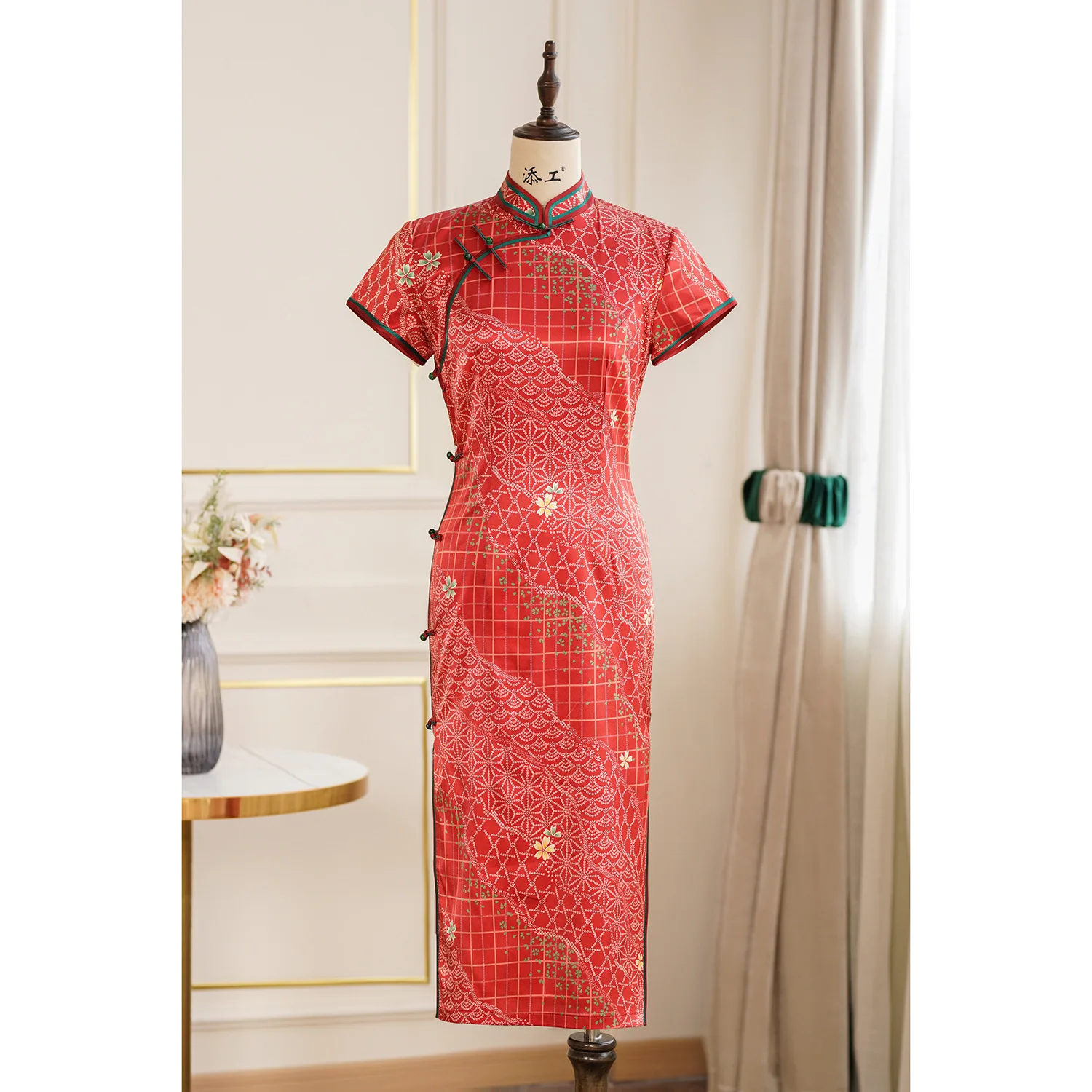 

New Vintage Print High Quality Real Silk Cheongsam Qipao Women's Clothing Dress Boutique Composite Standing Collar