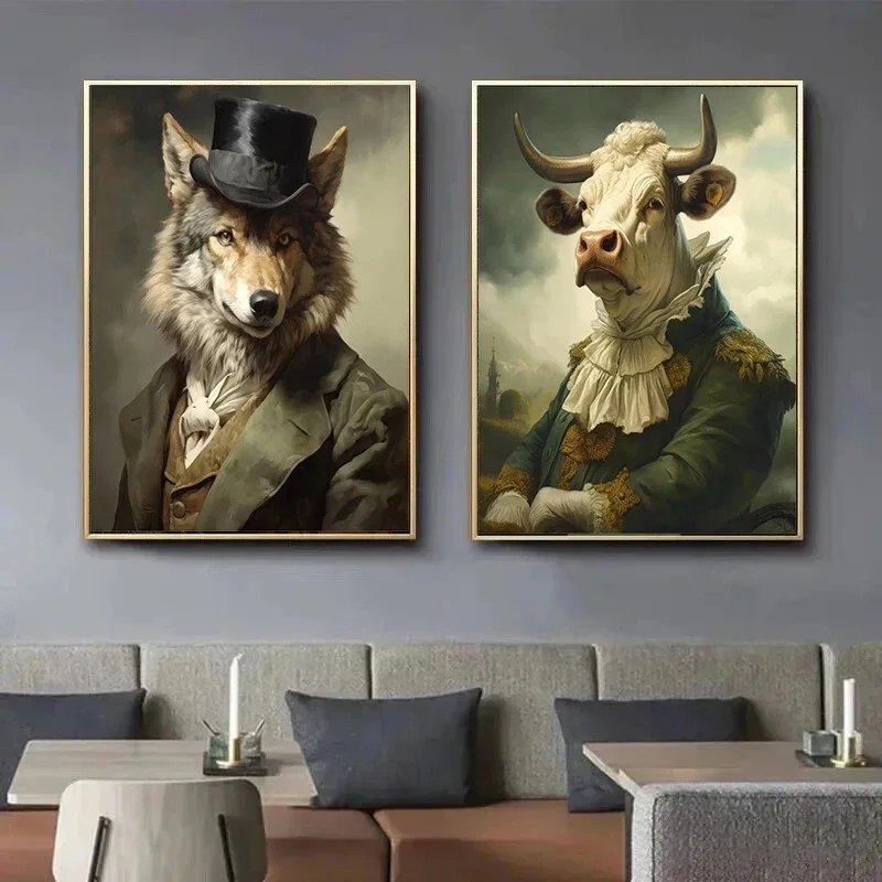 Vintage Victorian Animal Grey Wolf Brown Bear Tiger Cheetah Portrait Poster Canvas Paintings Wall Art Pictures Hotel Home Dec