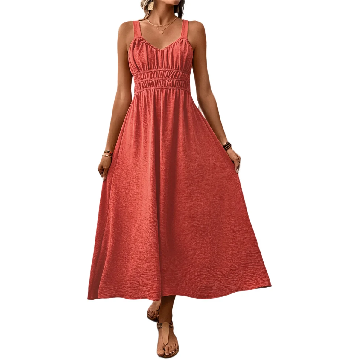 

Women'S Smocked Maxi Dresses 2025 Summer Beach Sundress Casual Spaghetti Strap Swing A Line Long Flowy Dress Mahogany S