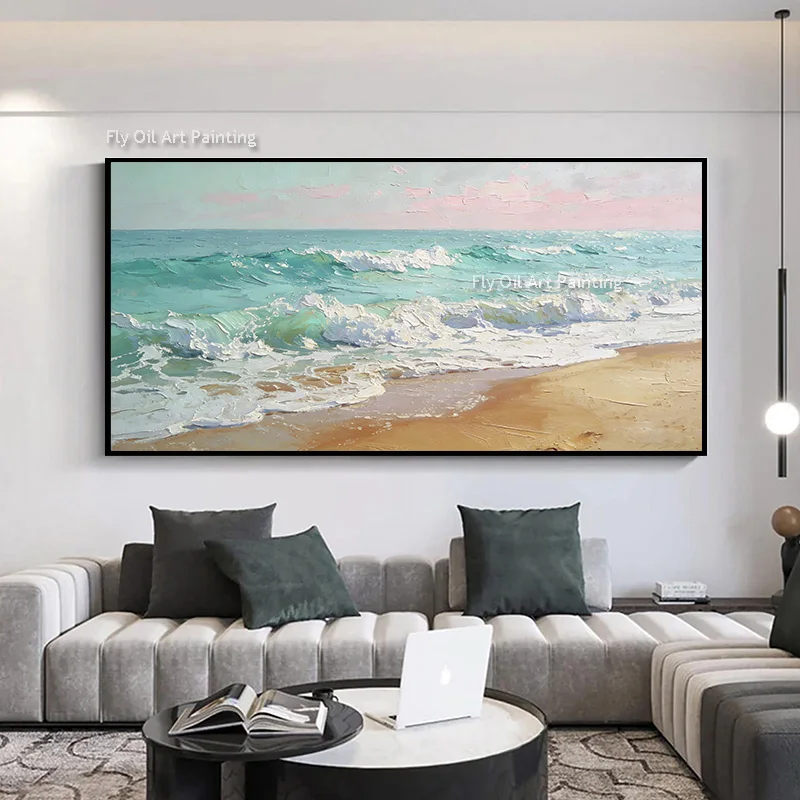 Large Hand Drawn Light Blue White Ocean Brown Beach Thick Oil Painting On Canvas New Fashion Design Seascape Home Wall Decor