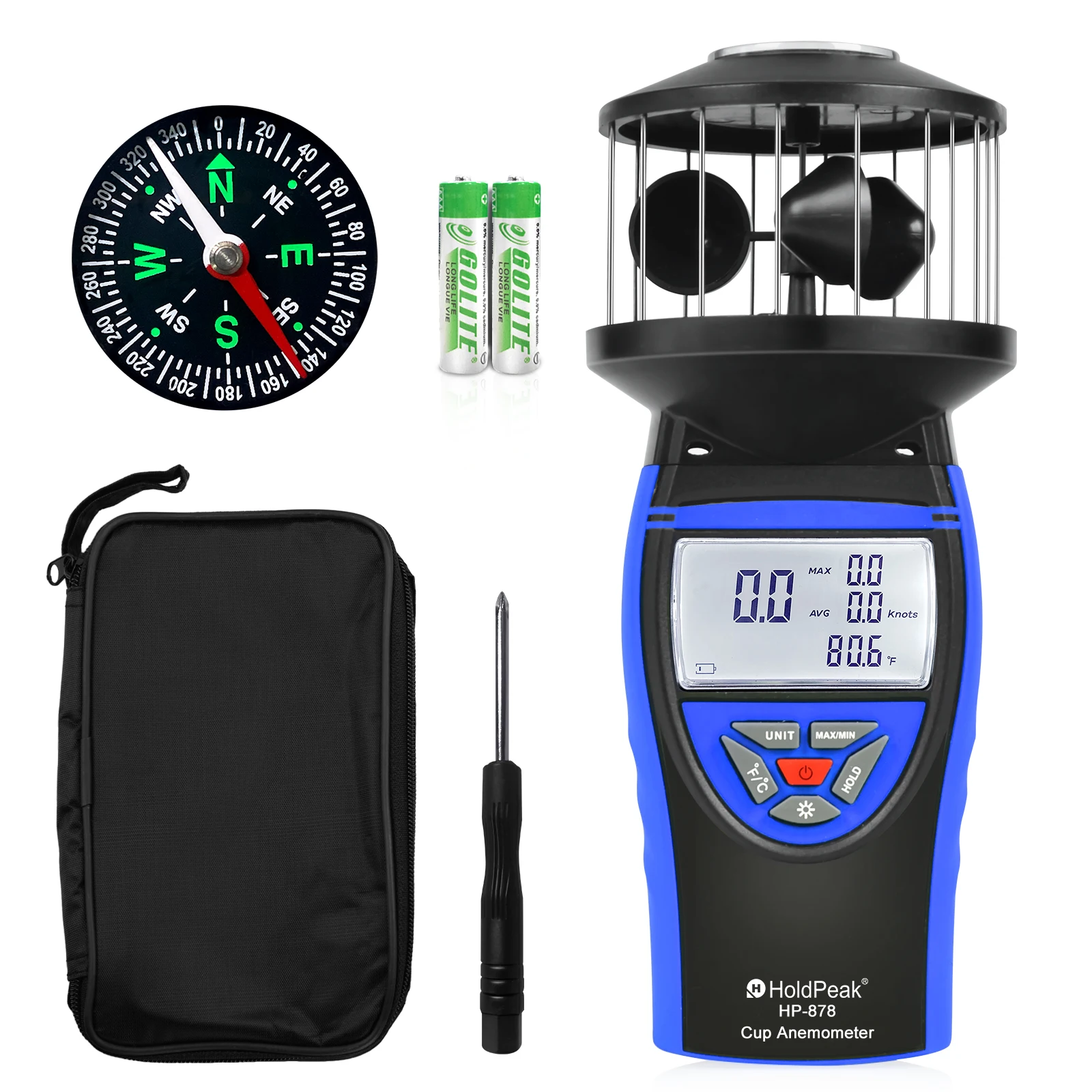 

HoldPeak Handheld Cup Anemometer with Compass, 360° Wind Measuring Digital Air Wind Speed Meter, 93MPH Wind Speed Measuring