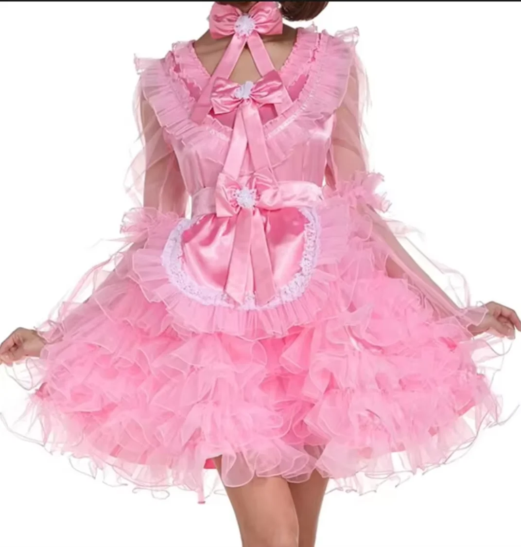 

French Hot Selling New Sissy Dress Blue and Black Satin Ruffle Cute Sexy Maid Role Play Customization