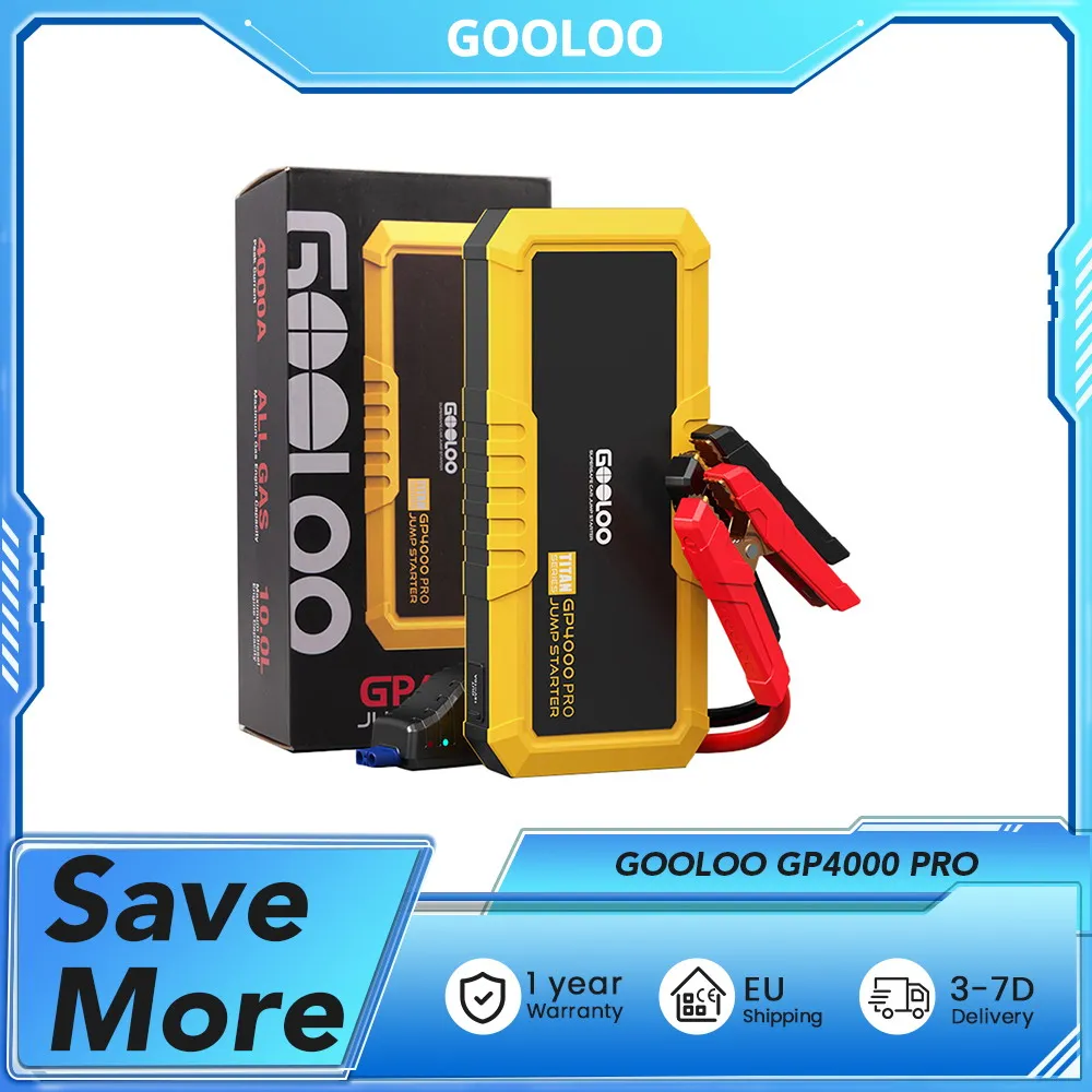 GOOLOO GP4000 PRO indító, 26800mAh külső akkumulátor, 4000A csúcs, 15V 10A DC kimenet, 1W fehér LED, 10L dízel