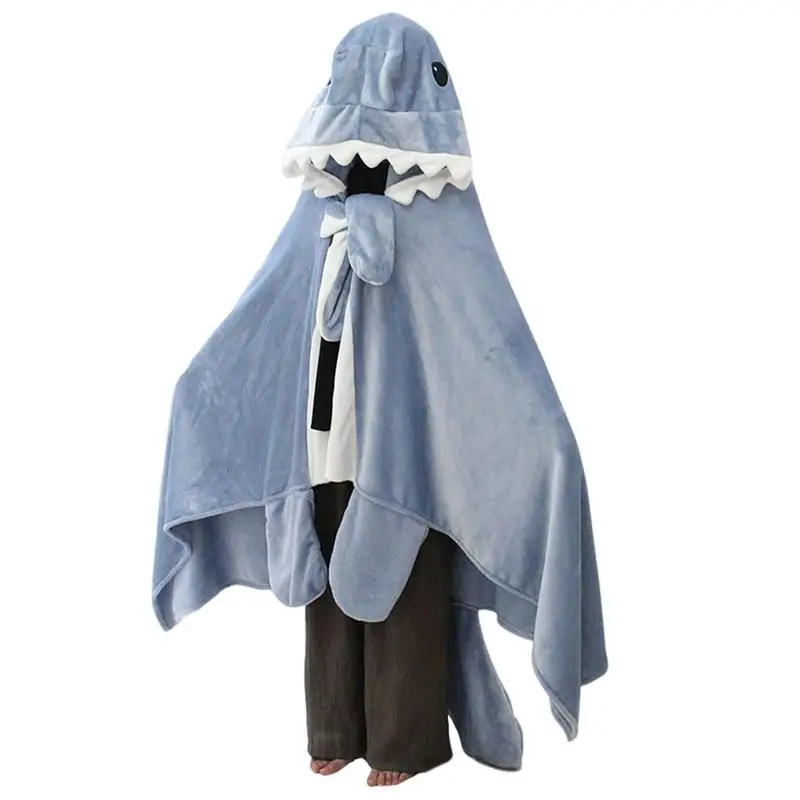 Shark Blanket For Adult Kids Cute Funny Blue Shark Flannel Hoodie For Girls Interesting Blanket Gifts