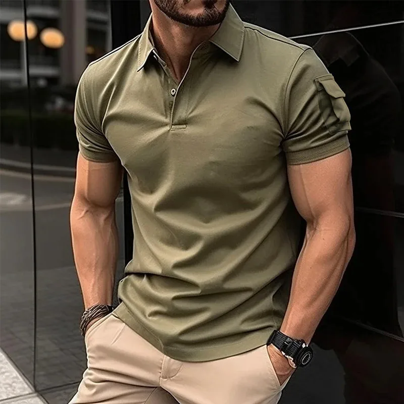 2024 Summer Casual Solid color Short sleeve top Men\'s short sleeve POLO shirt with lapel pocket POLO shirt