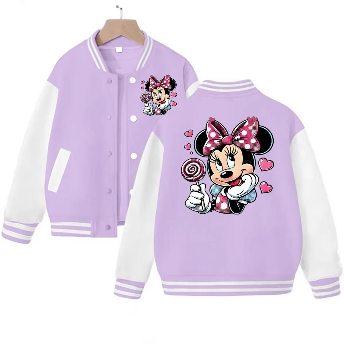

Cute Minnie Print Kids and Adults Baseball Jacket Minnie Mouse Kawaii Cartoon Outerwear for Girls Color Block Baseball Jacket