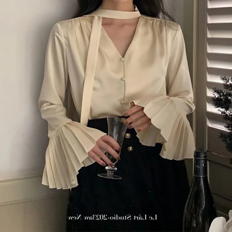 Temperament Pleated Patchwork Shirt Tops Spring Autumn New Long Sleeve V Neck Solid Elegant Blouse Fashion Korean Women Clothing