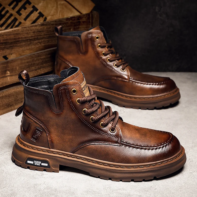 Vendita calda Stivali da uomo marroni Comfort Outdoor Stivali da moto da uomo Stivaletti stringati casual Stivali con plateau da uomo botas para hombre