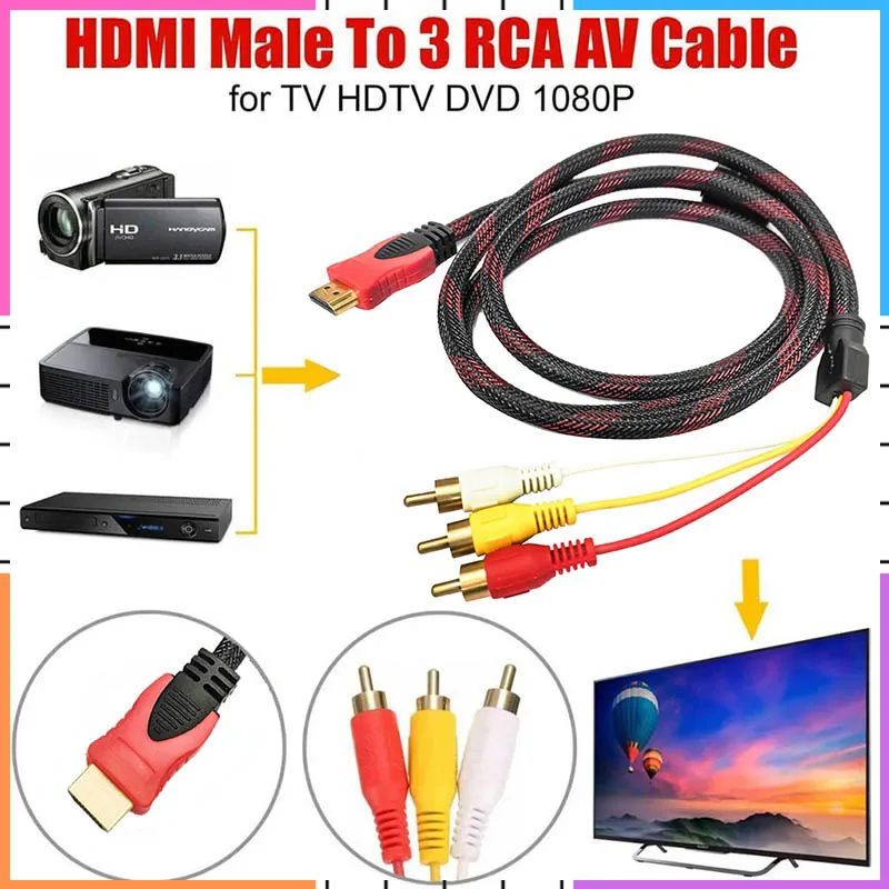 1.5 متر نايلون HDTV HDMI ذكر إلى 3 كابل RCA HDMI إلى AV مركب فيديو محول الصوت محول كابل ل DVD HDTV ST