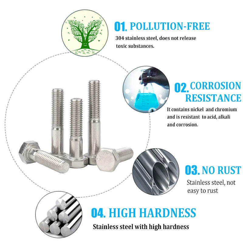 1/2/5Pcs M6 M8 M10 M12 Partially Threaded 304 Stainless Steel Hex Head Screws Half Tooth Thread Hexagon Head Bolts DIN931