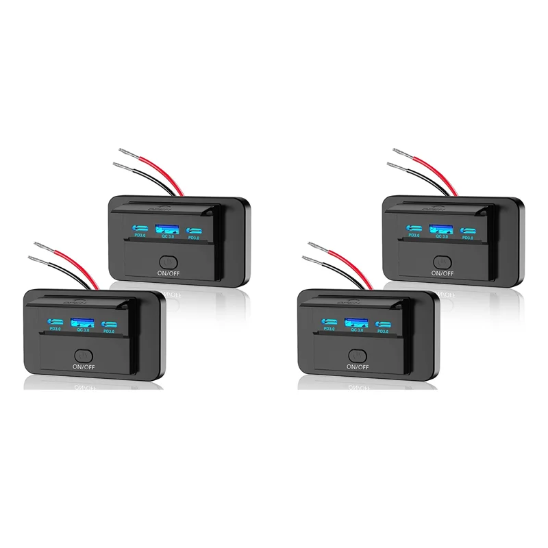 

4 шт., 3 порта, 12 В, USB-розетка для автодома, 90 Вт, двойная PD3.0 Type-C, быстрая зарядка, 72 Вт и USB QC3.0, 18 Вт, настенное крепление на панели