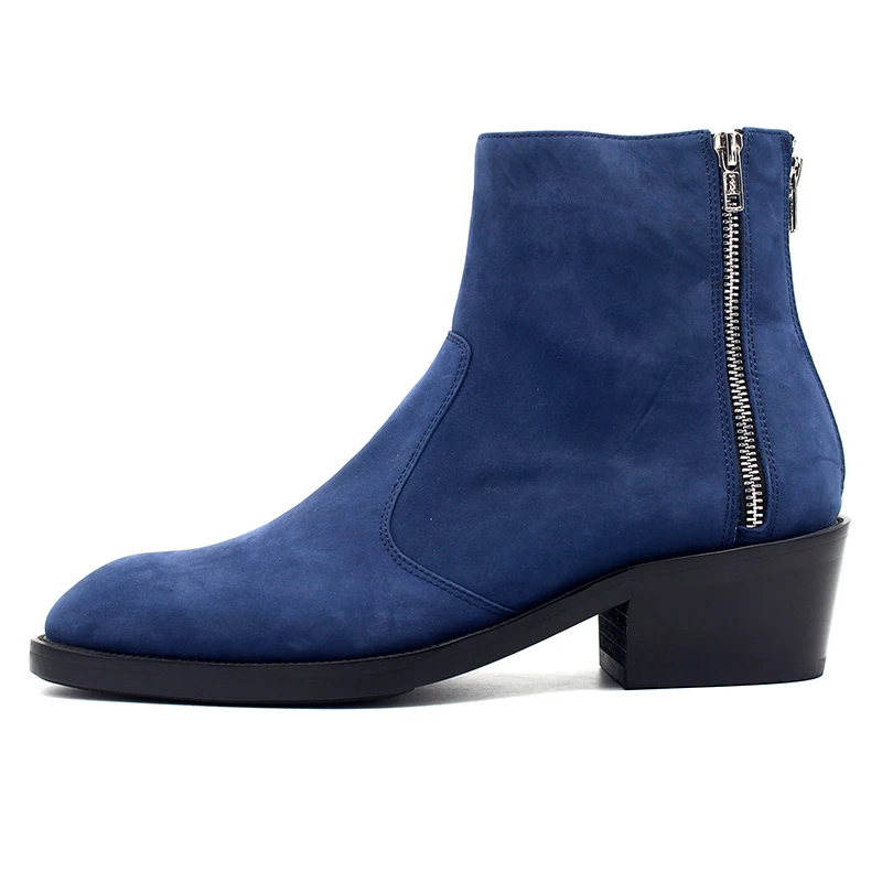 New Heel Boots Nubuck Cowhide High Heels Three Zipper Thick Bottom Height Increase Men's Cowboy Motorcycle Chelsea Ankle Boots