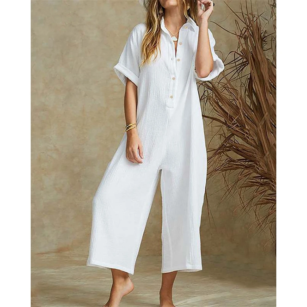 

Women Elegant Jumpsuit White Summer Half Sleeve Turn-down Collar Shirt Jumpsuit Femme Wide Leg One-Piece Outfits Streetwear y2k