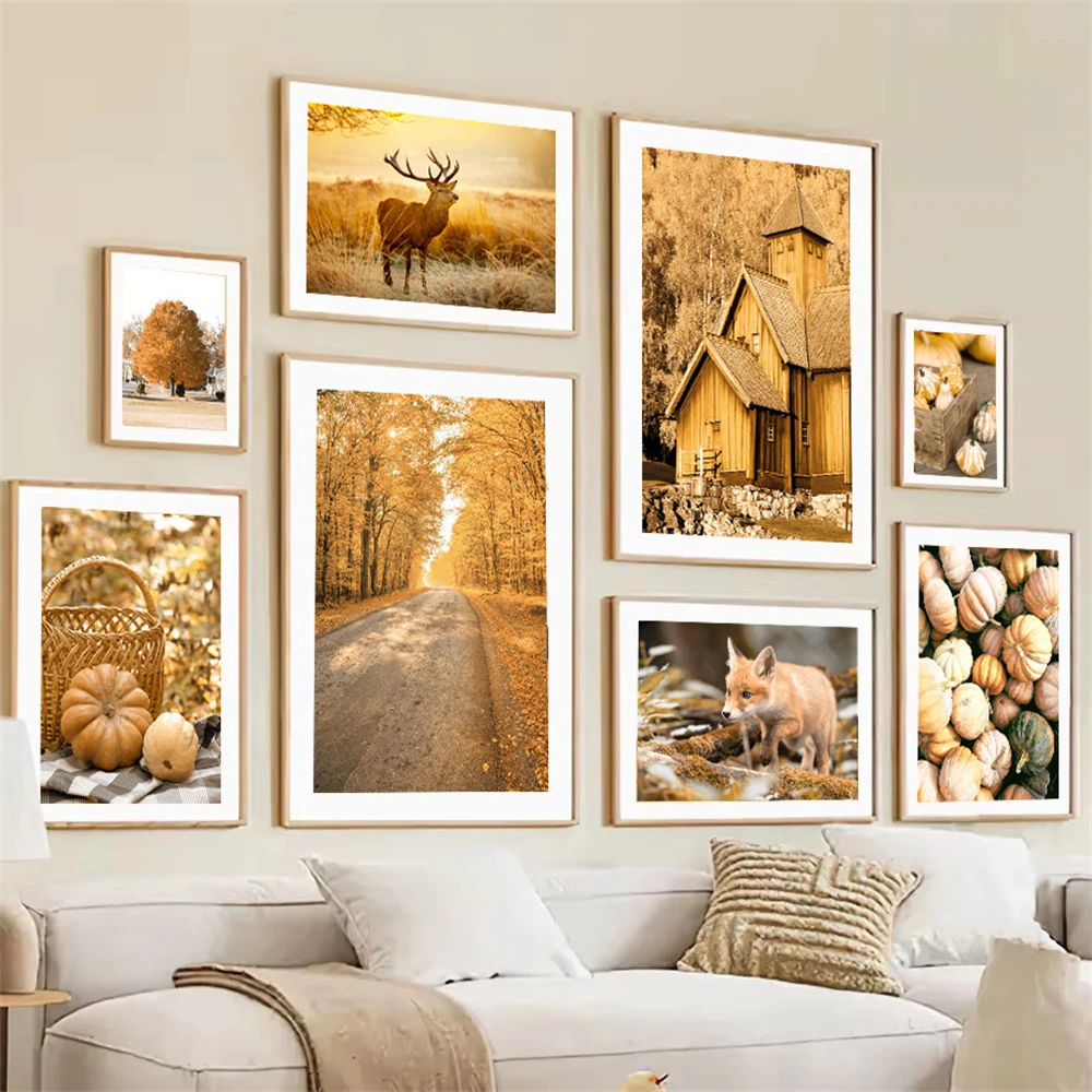 

Autumn Forest Deer Fox Pumpkin House Wall Art Canvas Painting Nordic Posters And Prints Wall Pictures Living Room Interior Decor