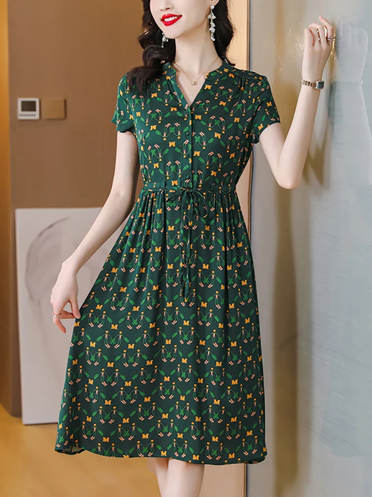 Summer Green Print Silk Short Sleeve V-Neck Midi Dress Women Fashion Elegant Bodycon Prom Dress 2024 Korean Vintage Luxury Dress